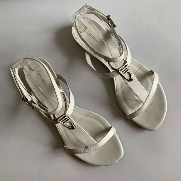 La Perla Leather T-Strap Chain Sandal in White Size 40 - Picture 3 of 12
